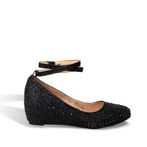 Black Women's Rhinestone Round Toe Crisscross Ankle Strap Wedge Heel